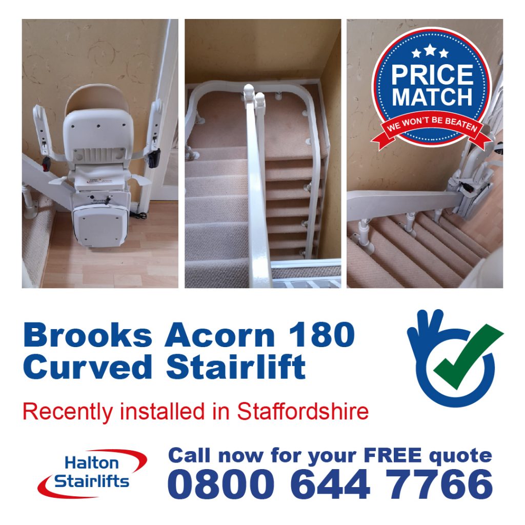 Brooks Acorn 180 Curved T565 Stairlift Manual Swivel Standard Finish Installed in Staffordshire