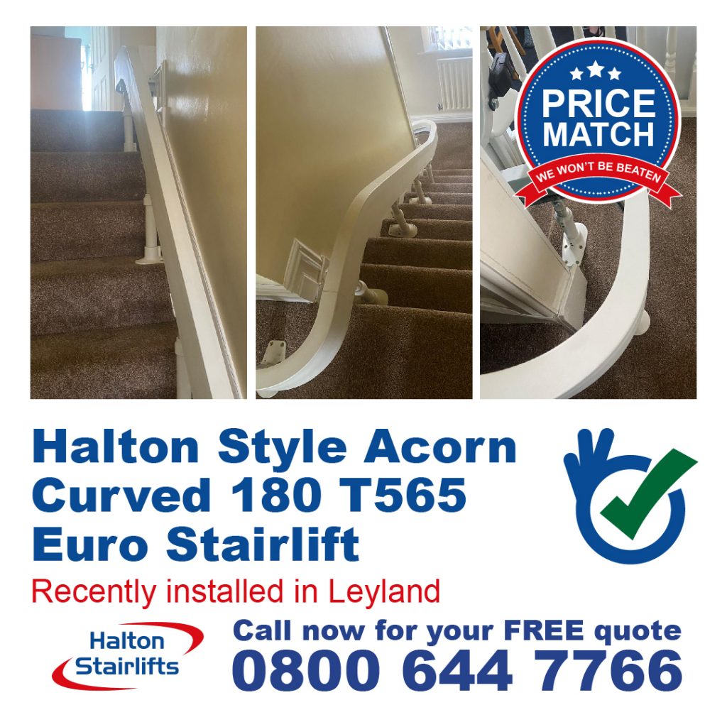 Halton Style Acorn Curved 180 T565 Euro Stairlift Both Powered Hinge Internal 180 Bend and Top 90 Wrap Finish Installed in Leyland Lancashire